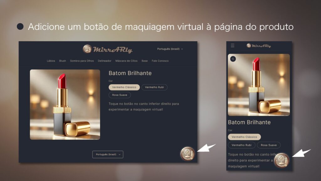 Botão de maquiagem virtual na página do produto